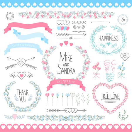 Wedding graphic set arrows hearts laurel wreaths ribbons and labels.のイラスト素材