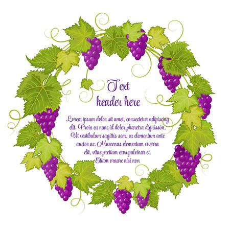 Hand drawn wreath with grapes isolated on white background. It can be used for weddings, invitations, menus, labels for wine and wine vinegar. Violet grapes with bright green leaves.のイラスト素材