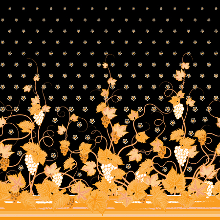 Vector seamless vertical pattern with Decorative orange grape, leaf and flowers ornament on black background, hand drawn texture for clothes, bedclothes, invitation, card design etc.のイラスト素材
