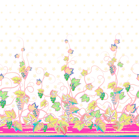 Vertical Seamless colorful floral pattern with grape, leaves and flowers on  white background. Hand drawn texture for clothes, bedclothes, invitation, card design etc.のイラスト素材