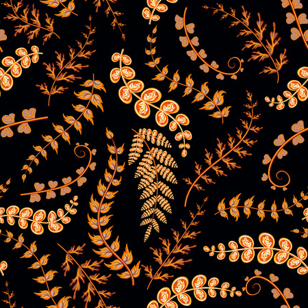 Summer leaves. Seamless hand painted pattern. Vector background. Orange brown leaves on black backdrop.のイラスト素材
