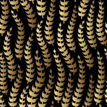 Vector abstract floral seamless pattern. Exotic foliage silhouette. Golden branch on black background. Wallpaper, bohemian textile print, batik paintのイラスト素材