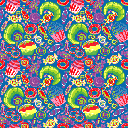 Pastry hand drawn seamless pattern. Doodle collection confections. Colorful backgroundのイラスト素材