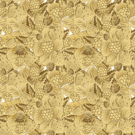 Natural organic berries seamless pattern with hand drawing strawberry and raspberry vector illustration. Beige background.のイラスト素材