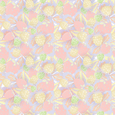 Natural organic berries seamless pattern with hand drawing strawberry and raspberry vector illustration. Delicate pink yellow green background.のイラスト素材