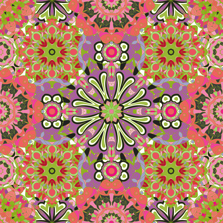 Vector seamless texture with abstract flowers. Endless background. Ethnic seamless pattern. Vector backdrop. Bright pink green violet pattern. Use for wallpaper,pattern fills, web page backgroundのイラスト素材
