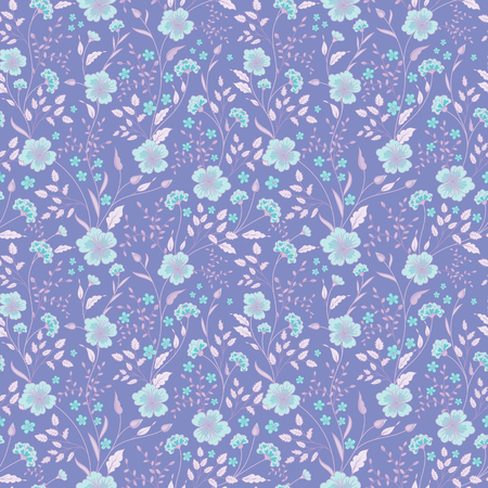 Sunny pastel floral print. Seamless background. Cute little flowers. Blue on lilac. Vector illustration.のイラスト素材