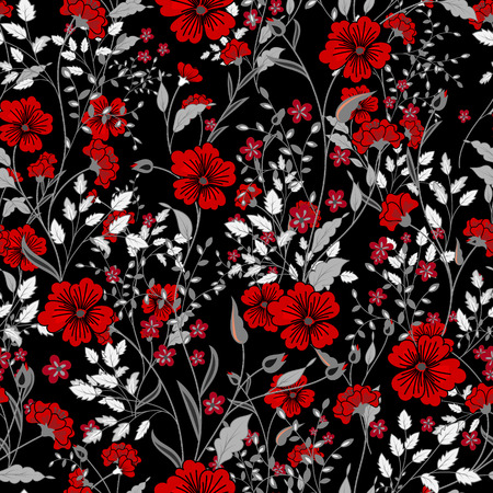 Vector vintage seamless floral pattern. Herbs and wild flowers. Botanical Illustration engraving style. Colorful red gray on black backgroundのイラスト素材