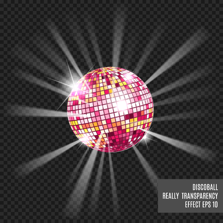 Disco ball with glow. Really tranparency effect. Disco background. Template for your design. Pink.のイラスト素材