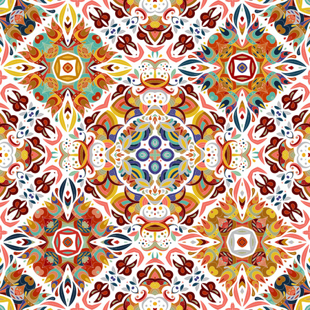 Luxury oriental tile seamless pattern. Colorful floral patchwork background. Doodle flowers boho chic style. Rich flower ornament. Square design elements. Portuguese motif. Unusual flourish print.のイラスト素材