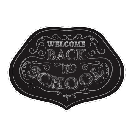 Back to school badges sticker set. White chalk print on black backgroundのイラスト素材
