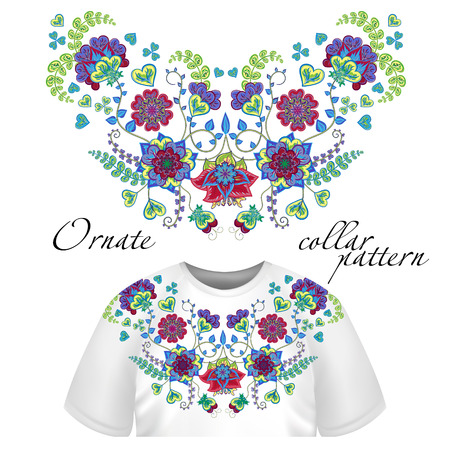 Collar pattern on t-shirt mockup. Floral pattern on collar, neck print. Abstract hand drawing flowers ornament. Vector illustration. Colorful brightのイラスト素材