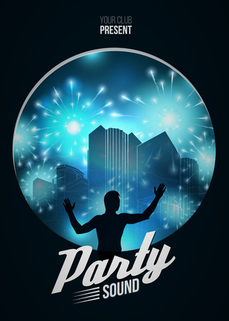 Party Dance Poster Background Template with DJ silhouette on blue urban background - Vector Illustration.のイラスト素材