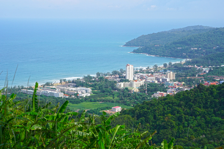 High scenic view point landscape of resorts on mountain and blue Andaman Sea in Phuket island of Thailand.の写真素材