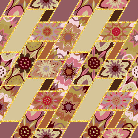 Vector abstract seamless patchwork pattern with geometric and floral ornaments, stylized flowers, dots and glitter gold outline. Pastel violet vinous beige background.のイラスト素材