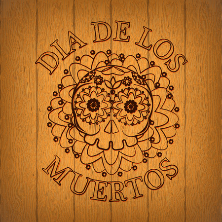 Day Of The Dead Skull Vector poster. Wooden background. Dia de los muertos invitation card. Woodburning. Stamp.のイラスト素材