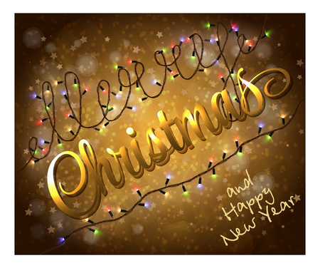 Card with colorful holidays lights. Golden lettering. Merry Christmas and Happy New Year gold background.のイラスト素材