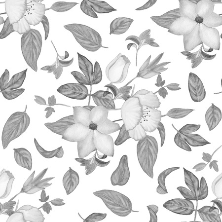 Watercolor Gray Flowers And Leaves Repeat Patternの写真素材