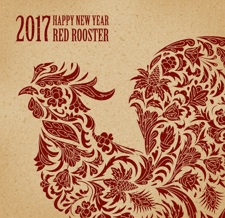 Vector illustration of rooster, symbol of 2017 on the Chinese calendar. Silhouette of red cock, decorated with floral patterns. Vector element for New Year's design. Old paper printのイラスト素材