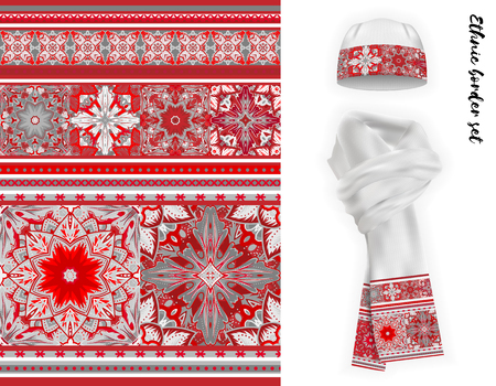 Vector ethnic border set. Red gray colors mandala flowers pattern. Floral decorative border on white warm knitted cap and scarf mock up.のイラスト素材