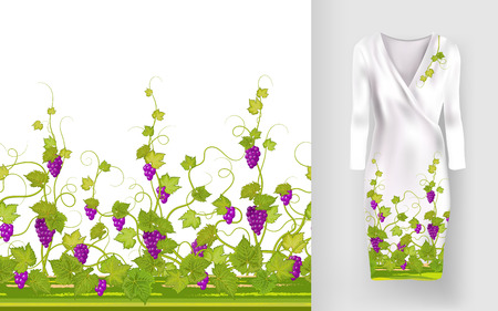 Vector pattern of vines with leaves and berries on classic womens dress mockup.のイラスト素材