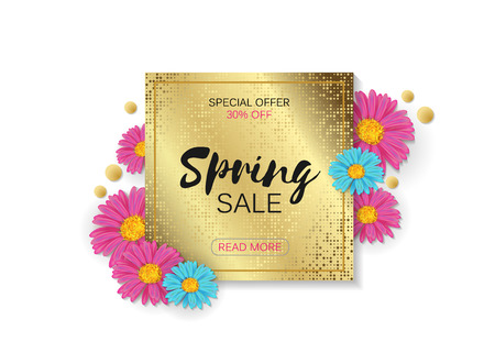 Spring Sale Design with Colorful Flowers, Vines and Leaves with Flying Butterflies in Background for Spring Seasonal Promotion. Vector Illustrationのイラスト素材