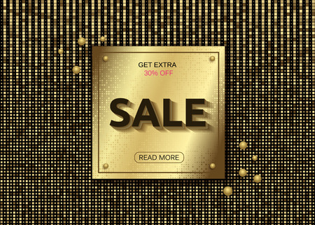 sale golden vectoGolden plate on glitter gold black background. Banner template. Sale advertising.r bannerのイラスト素材