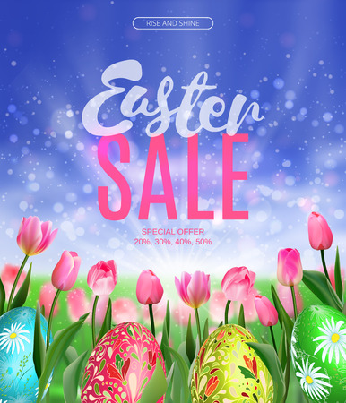Easter sale tulips eggs and lettering EPS 10 vector royalty free stock illustration for greeting card, ad, promotion, poster, flier, blog, article, social mediaのイラスト素材