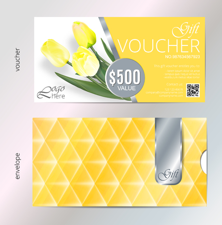 Gift voucher template with yellow tulip flowers. Vector Abstract background. Concept for boutique, jewelry, floral shop, beauty salon, fashion, flyer, banner design. Gift voucher with envelope designのイラスト素材