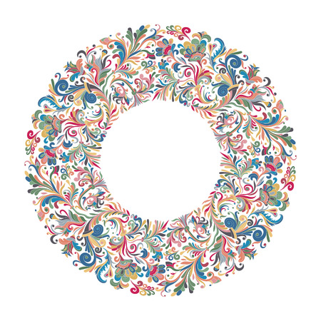 Vector circle frame, wreath design made of doodle flowers. Circle decoration. Wreath illustration made of flowers and herbs. Spring elements. Floral doodles wreathのイラスト素材