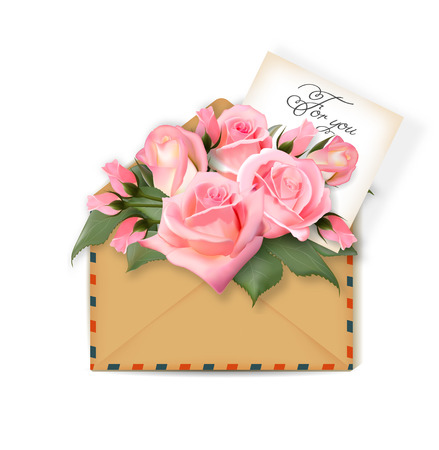 Roses with a note in an envelope. Template for greeting card, banner, an invitation.のイラスト素材