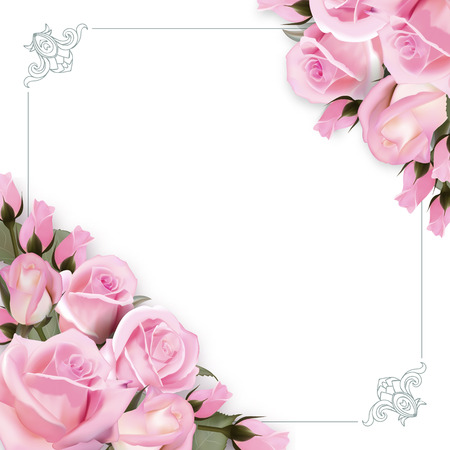 Vector background with pink roses flowers and green leaves.のイラスト素材