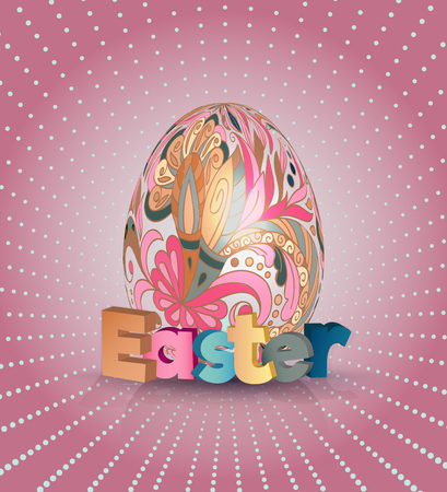 Easter poster, egg on pink pattern. Eggs with floral doodle pattern and 3d letters. Vectorのイラスト素材