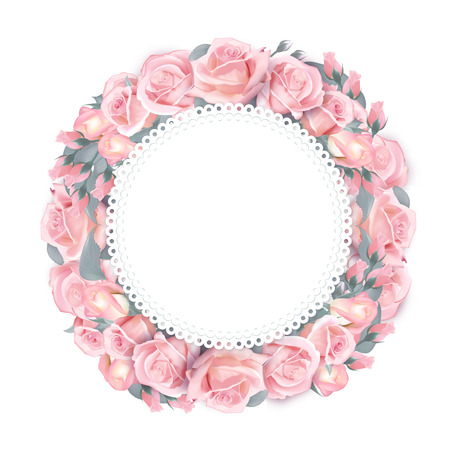 Vector round frame wreath pattern with roses, pink flower buds, branches and leaves isolated on white background.のイラスト素材