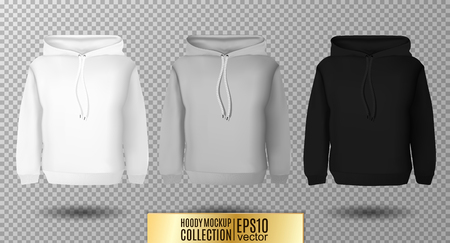 Hoody set. Realistic mockup. Long sleeve hoody template on transparent background. White, black and gray versionのイラスト素材