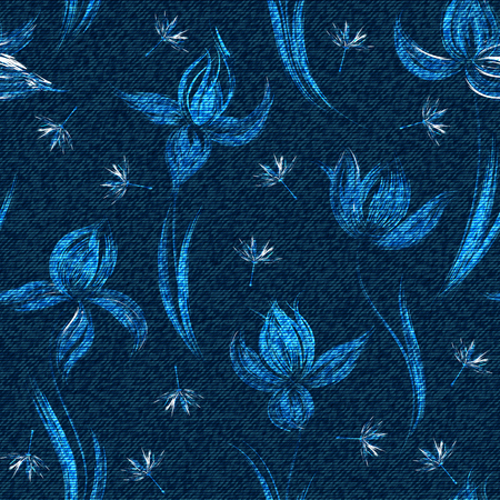 A Vector denim floral seamless pattern. Faded jeans background with crocus flowers. Blue jeans cloth background.のイラスト素材