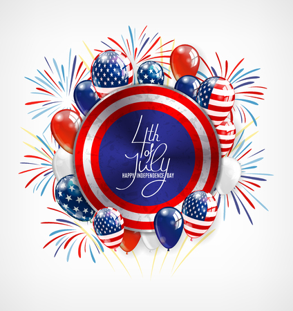 4th of July Independence Day greeting card , banner or invitation template. Round button with patriotic balloons and lettering. Vector illustrationのイラスト素材