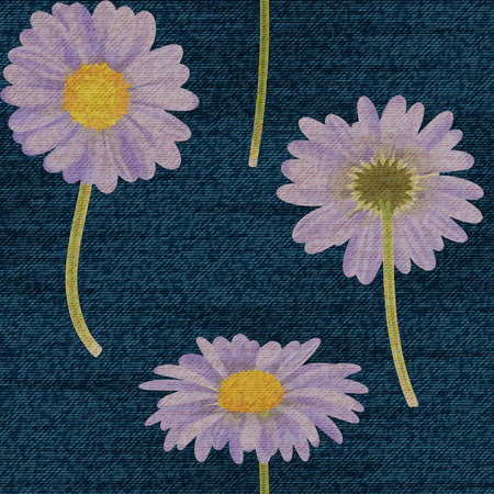 Vector Daisies seamless pattern. Denim floral wallpaper. Blue Jeans background with flowers.