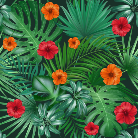 Seamless hand drawn tropical vector pattern with bright hibiscus flowers and exotic palm leaves on dark backgroundのイラスト素材