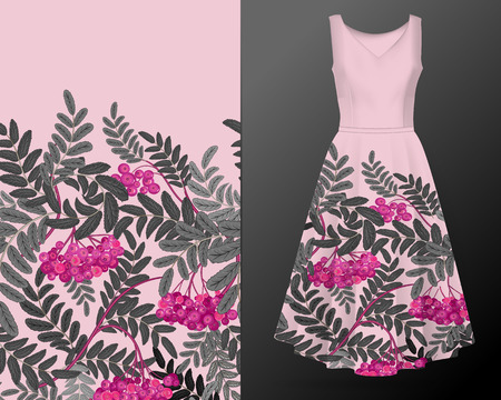 Vertical autumn rowanberry seamless pattern on summer dress mock up. Detailed intricate hand drawing background. Chaotic distribution of elements. Pink and gray. EPS10 vector illustration.のイラスト素材