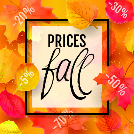 Autumn sale background with maple quality watercolor imitation leaves. Vector illustration. Prices fall hand drawing lettering. EPS 10のイラスト素材