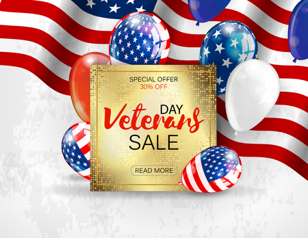 Veterans day sale banner template design. Golden plate on patriotic background. Vectorのイラスト素材