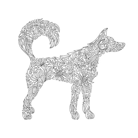 Freehand sketch dog for adult anti stress coloring book page with doodle elements.のイラスト素材
