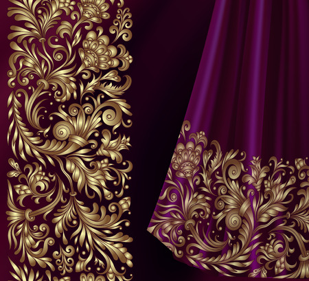 Vector seamless border in Victorian style. Seamless golden border on pirple silk fabric.のイラスト素材