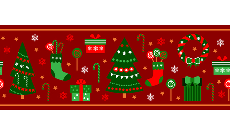 Merry Christmas decorations elements seamless pattern horizontal red border. Vector flatのイラスト素材
