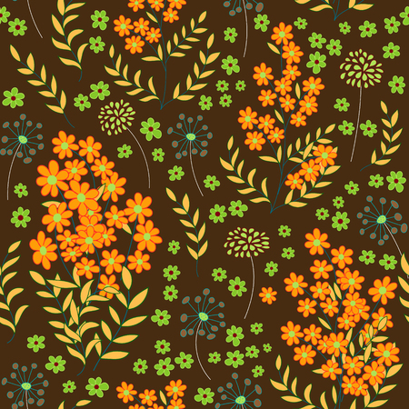 Seamless cute little flowers ornament. Bright orange green yellow on brown background. Vector.のイラスト素材