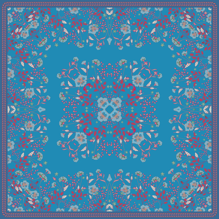 Scarf print design. Blue cute flowers square pattern. Vector.のイラスト素材
