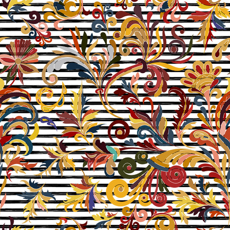 Striped seamless pattern. Hand draw floral wallpaper. Colorful ornamental borderのイラスト素材