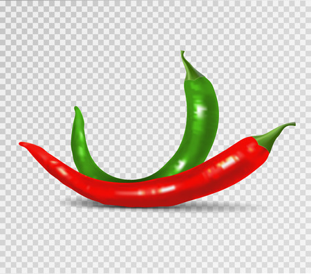 Vector Set of Red and Green Hot Chili Pepper Isolated on Transparent Background. Photo-realistic vector peppers collection.のイラスト素材