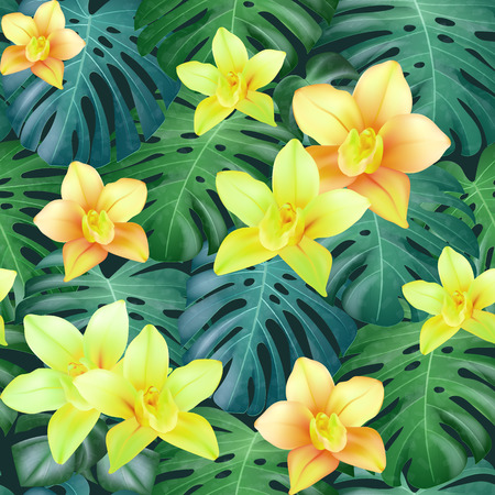 Tropical Palm Leaves and Orchid Flowers Background. Seamless Pattern in Vectorのイラスト素材